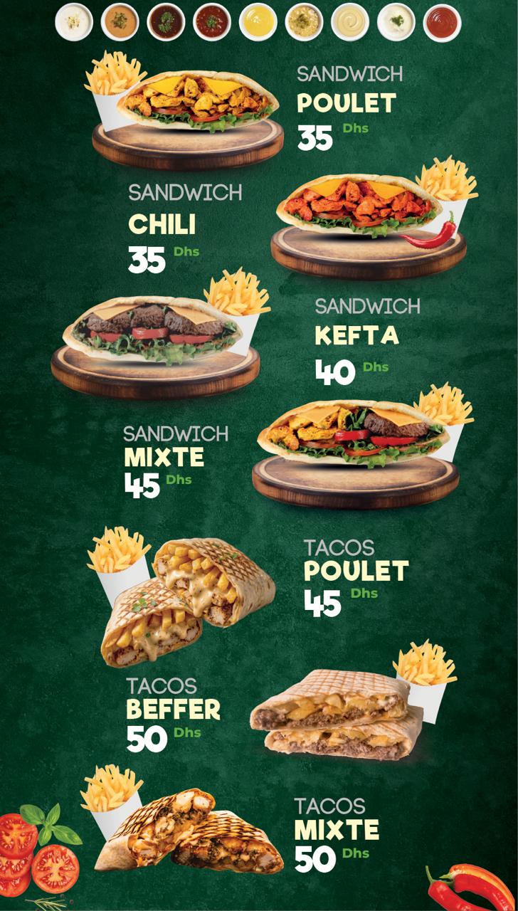 Carte Pom Pom — sandwichs et tacos